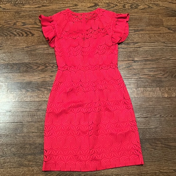 Trina Turk Mai-Tai Ruffle-Sleeve Lace Sheath Dress, Cranberry - Size 4 - Picture 6 of 6